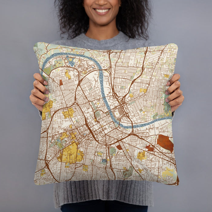 Person holding 18x18 Custom Nashville Tennessee Map Throw Pillow in Woodblock