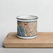 Front View Custom National City California Map Enamel Mug in Woodblock on Cutting Board