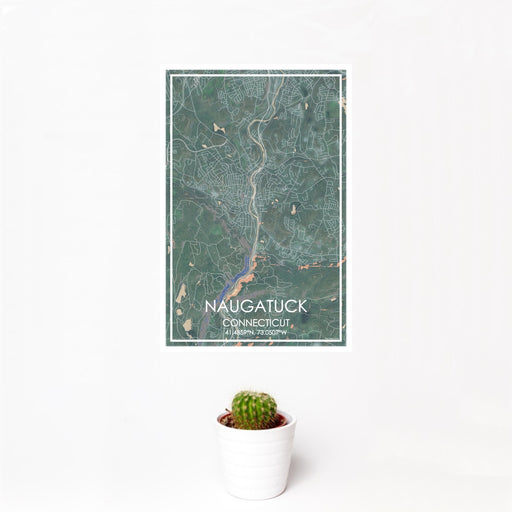 12x18 Naugatuck Connecticut Map Print Portrait Orientation in Afternoon Style With Small Cactus Plant in White Planter