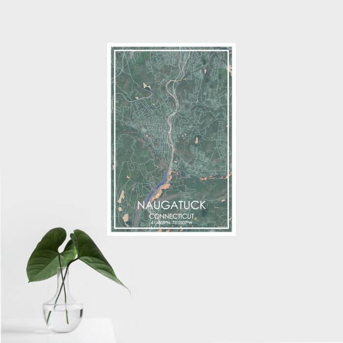 16x24 Naugatuck Connecticut Map Print Portrait Orientation in Afternoon Style With Tropical Plant Leaves in Water