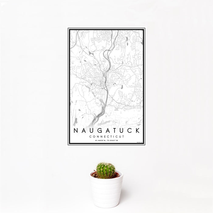 12x18 Naugatuck Connecticut Map Print Portrait Orientation in Classic Style With Small Cactus Plant in White Planter