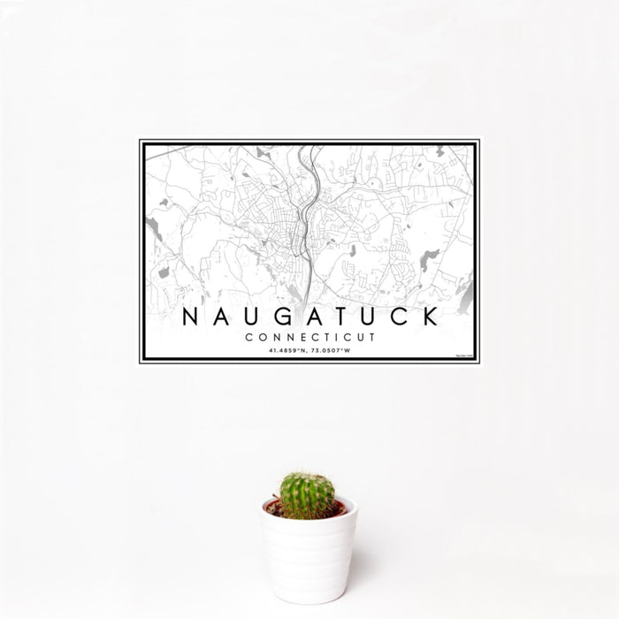 12x18 Naugatuck Connecticut Map Print Landscape Orientation in Classic Style With Small Cactus Plant in White Planter