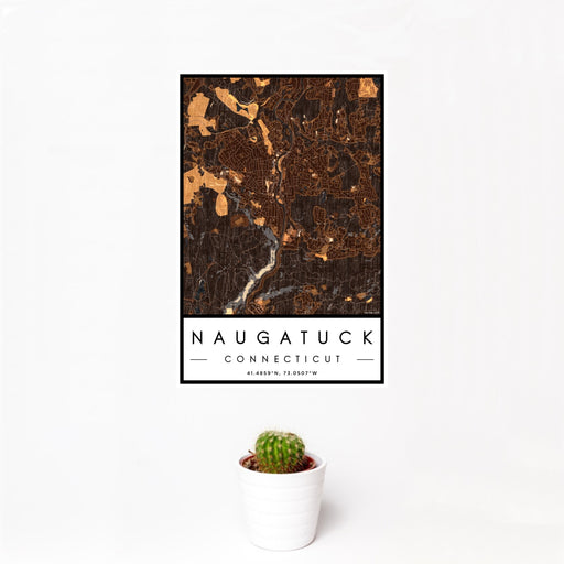 12x18 Naugatuck Connecticut Map Print Portrait Orientation in Ember Style With Small Cactus Plant in White Planter