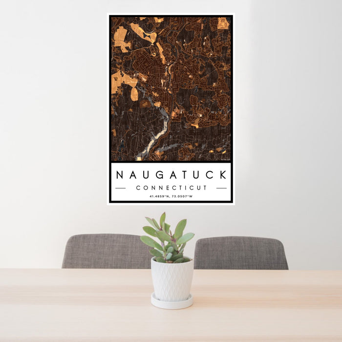 24x36 Naugatuck Connecticut Map Print Portrait Orientation in Ember Style Behind 2 Chairs Table and Potted Plant
