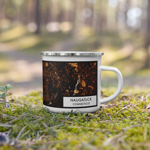 Right View Custom Naugatuck Connecticut Map Enamel Mug in Ember on Grass With Trees in Background