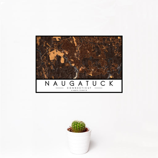 12x18 Naugatuck Connecticut Map Print Landscape Orientation in Ember Style With Small Cactus Plant in White Planter