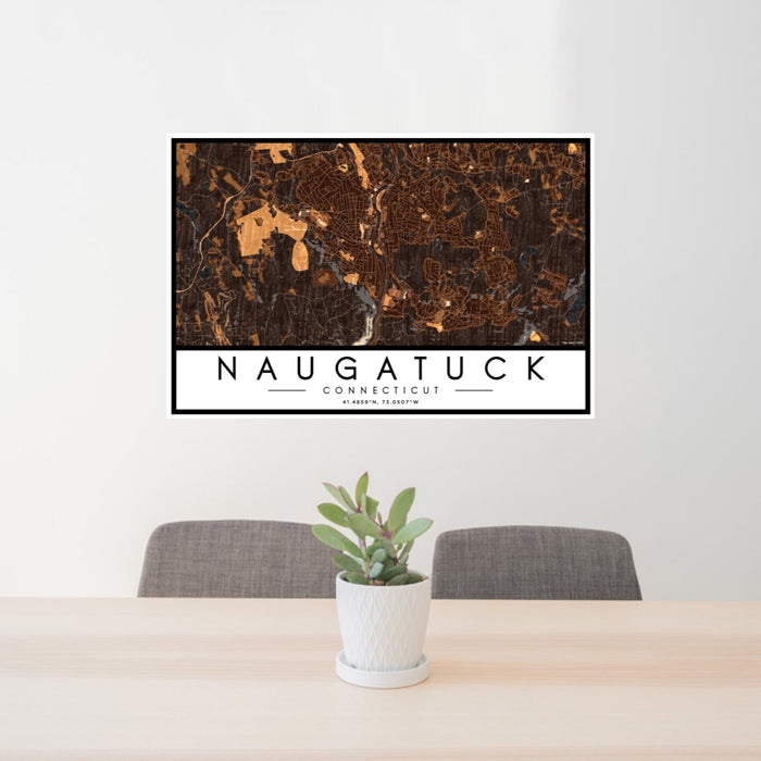 24x36 Naugatuck Connecticut Map Print Landscape Orientation in Ember Style Behind 2 Chairs Table and Potted Plant