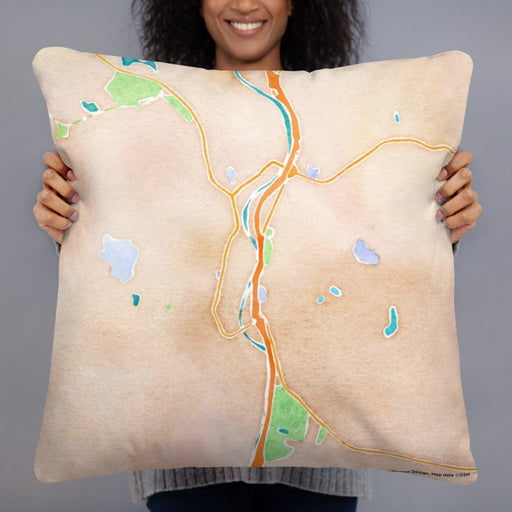 Person holding 22x22 Custom Naugatuck Connecticut Map Throw Pillow in Watercolor