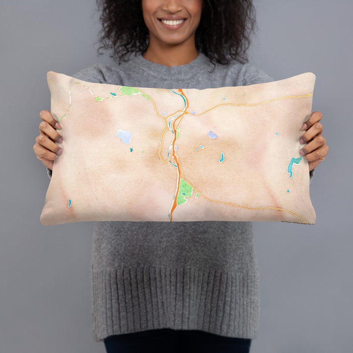 Person holding 20x12 Custom Naugatuck Connecticut Map Throw Pillow in Watercolor