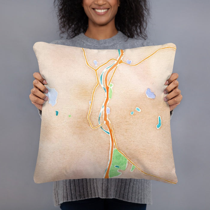 Person holding 18x18 Custom Naugatuck Connecticut Map Throw Pillow in Watercolor