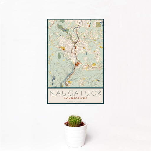 12x18 Naugatuck Connecticut Map Print Portrait Orientation in Woodblock Style With Small Cactus Plant in White Planter