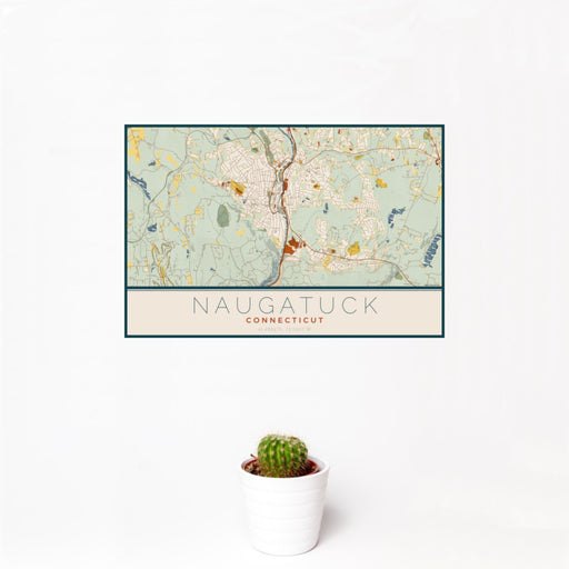 12x18 Naugatuck Connecticut Map Print Landscape Orientation in Woodblock Style With Small Cactus Plant in White Planter