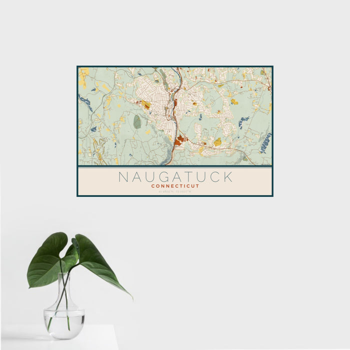 16x24 Naugatuck Connecticut Map Print Landscape Orientation in Woodblock Style With Tropical Plant Leaves in Water