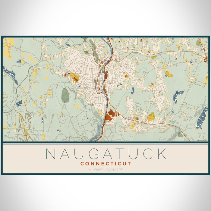 Naugatuck Connecticut Map Print Landscape Orientation in Woodblock Style With Shaded Background