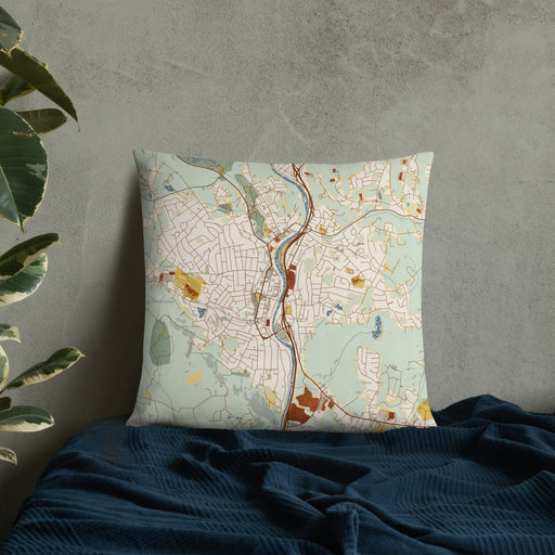 Custom Naugatuck Connecticut Map Throw Pillow in Woodblock on Bedding Against Wall