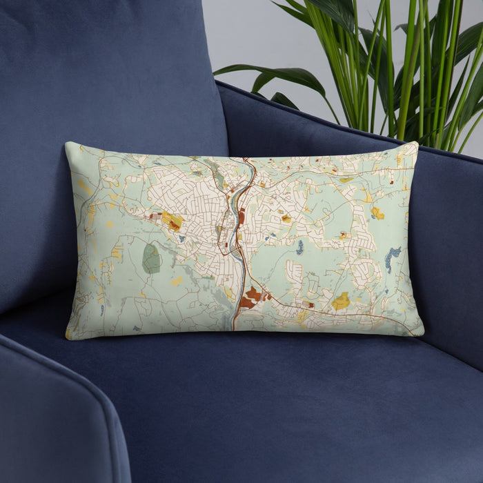 Custom Naugatuck Connecticut Map Throw Pillow in Woodblock on Blue Colored Chair