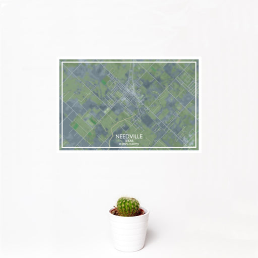 12x18 Needville Texas Map Print Landscape Orientation in Afternoon Style With Small Cactus Plant in White Planter