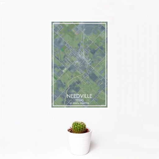 12x18 Needville Texas Map Print Portrait Orientation in Afternoon Style With Small Cactus Plant in White Planter