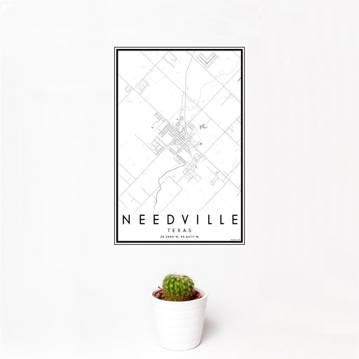 12x18 Needville Texas Map Print Portrait Orientation in Classic Style With Small Cactus Plant in White Planter