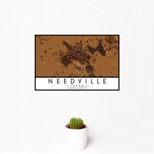 12x18 Needville Texas Map Print Landscape Orientation in Ember Style With Small Cactus Plant in White Planter