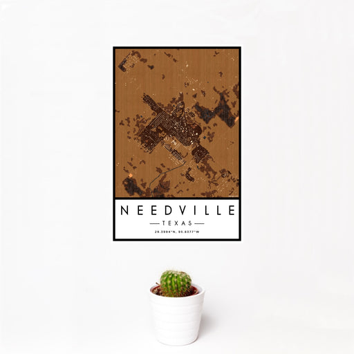 12x18 Needville Texas Map Print Portrait Orientation in Ember Style With Small Cactus Plant in White Planter