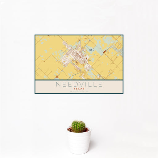 12x18 Needville Texas Map Print Landscape Orientation in Woodblock Style With Small Cactus Plant in White Planter