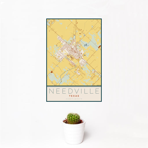 12x18 Needville Texas Map Print Portrait Orientation in Woodblock Style With Small Cactus Plant in White Planter
