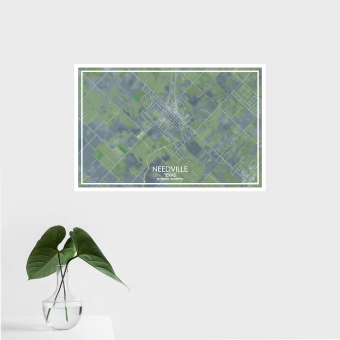 16x24 Needville Texas Map Print Landscape Orientation in Afternoon Style With Tropical Plant Leaves in Water
