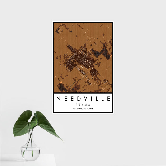 16x24 Needville Texas Map Print Portrait Orientation in Ember Style With Tropical Plant Leaves in Water