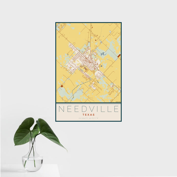 16x24 Needville Texas Map Print Portrait Orientation in Woodblock Style With Tropical Plant Leaves in Water