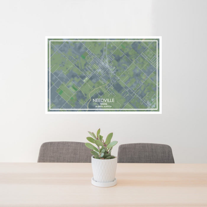 24x36 Needville Texas Map Print Lanscape Orientation in Afternoon Style Behind 2 Chairs Table and Potted Plant