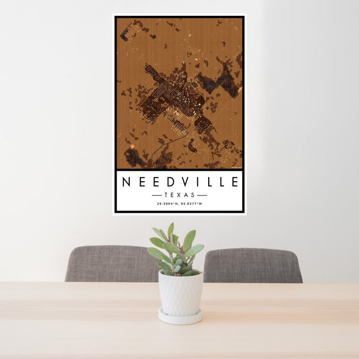 24x36 Needville Texas Map Print Portrait Orientation in Ember Style Behind 2 Chairs Table and Potted Plant