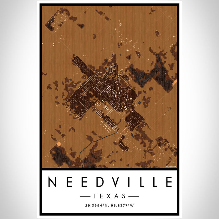 Needville Texas Map Print Portrait Orientation in Ember Style With Shaded Background