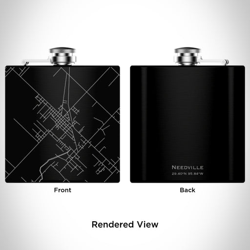 Rendered View of Needville Texas Map Engraving on 6oz Stainless Steel Flask in Black