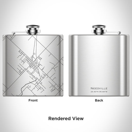 Rendered View of Needville Texas Map Engraving on 6oz Stainless Steel Flask
