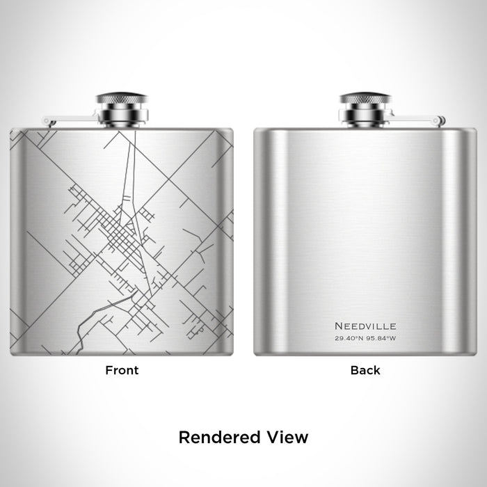 Rendered View of Needville Texas Map Engraving on 6oz Stainless Steel Flask
