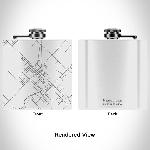 Rendered View of Needville Texas Map Engraving on 6oz Stainless Steel Flask in White