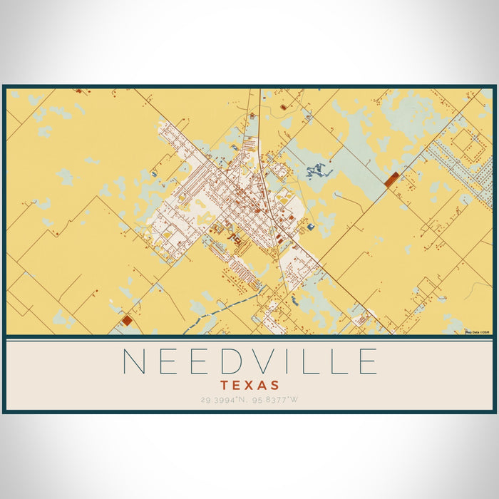 Needville Texas Map Print Landscape Orientation in Woodblock Style With Shaded Background