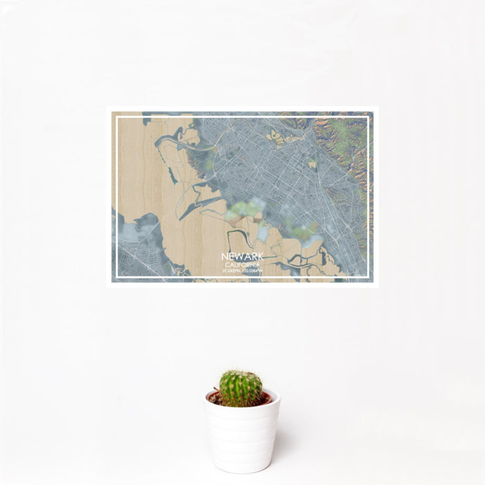 12x18 Newark California Map Print Landscape Orientation in Afternoon Style With Small Cactus Plant in White Planter