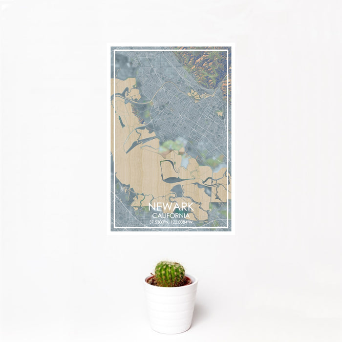 12x18 Newark California Map Print Portrait Orientation in Afternoon Style With Small Cactus Plant in White Planter