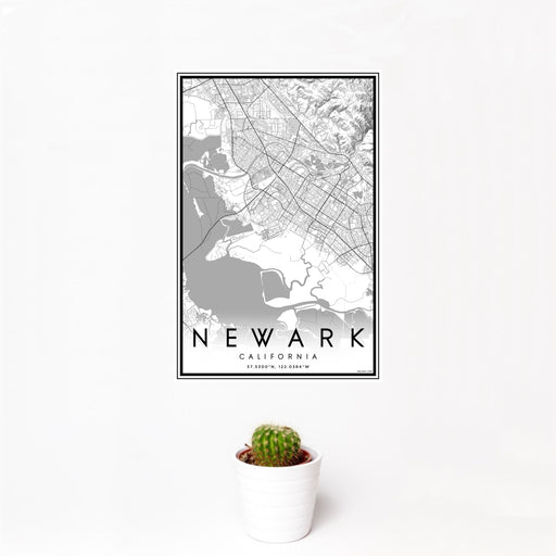 12x18 Newark California Map Print Portrait Orientation in Classic Style With Small Cactus Plant in White Planter