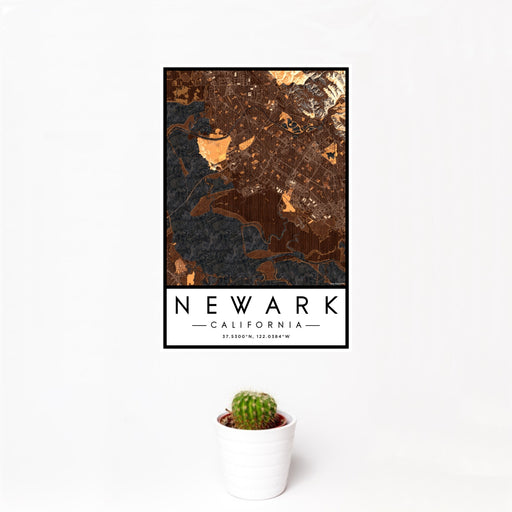 12x18 Newark California Map Print Portrait Orientation in Ember Style With Small Cactus Plant in White Planter