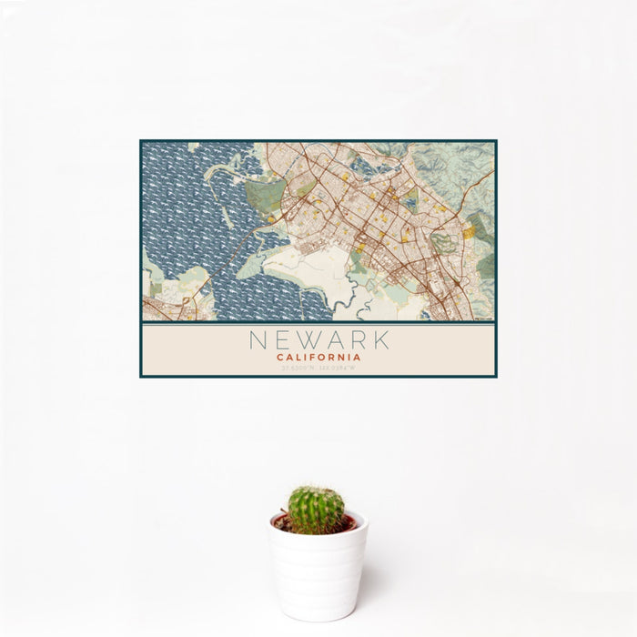 12x18 Newark California Map Print Landscape Orientation in Woodblock Style With Small Cactus Plant in White Planter