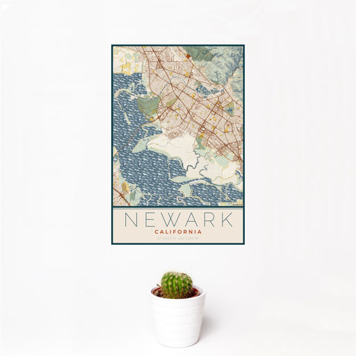 12x18 Newark California Map Print Portrait Orientation in Woodblock Style With Small Cactus Plant in White Planter