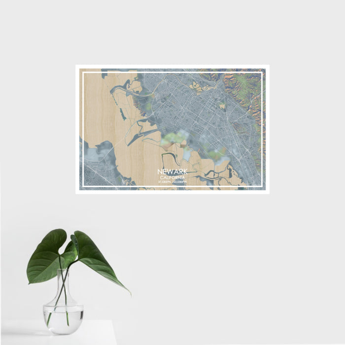 16x24 Newark California Map Print Landscape Orientation in Afternoon Style With Tropical Plant Leaves in Water