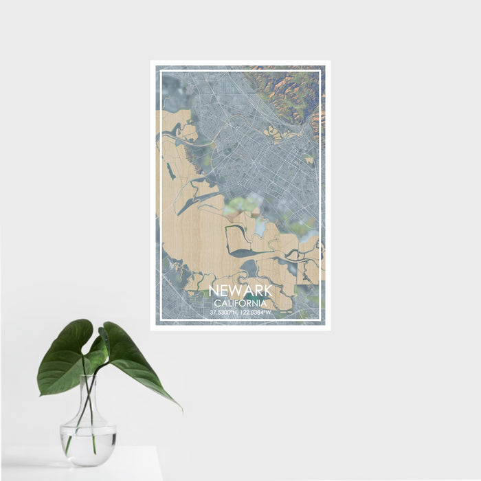 16x24 Newark California Map Print Portrait Orientation in Afternoon Style With Tropical Plant Leaves in Water