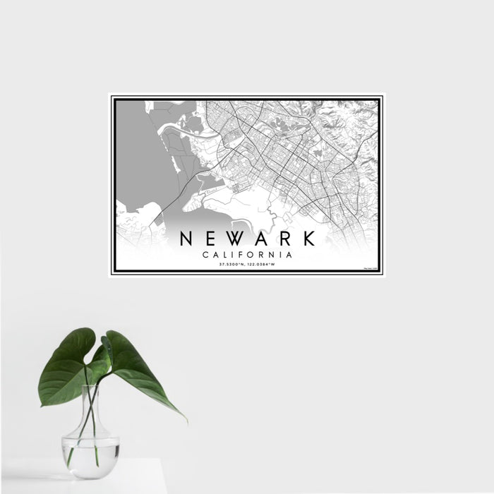 16x24 Newark California Map Print Landscape Orientation in Classic Style With Tropical Plant Leaves in Water