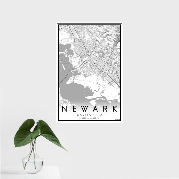 16x24 Newark California Map Print Portrait Orientation in Classic Style With Tropical Plant Leaves in Water