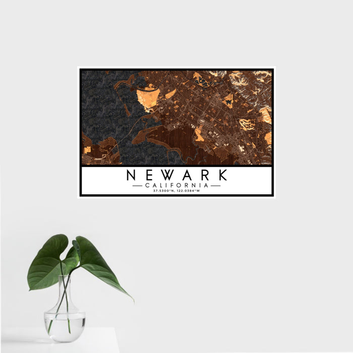 16x24 Newark California Map Print Landscape Orientation in Ember Style With Tropical Plant Leaves in Water
