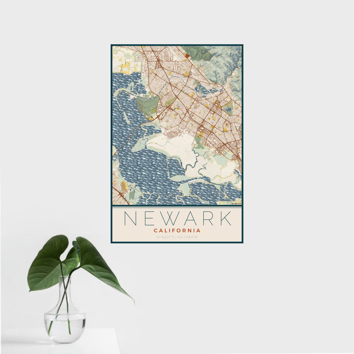 16x24 Newark California Map Print Portrait Orientation in Woodblock Style With Tropical Plant Leaves in Water